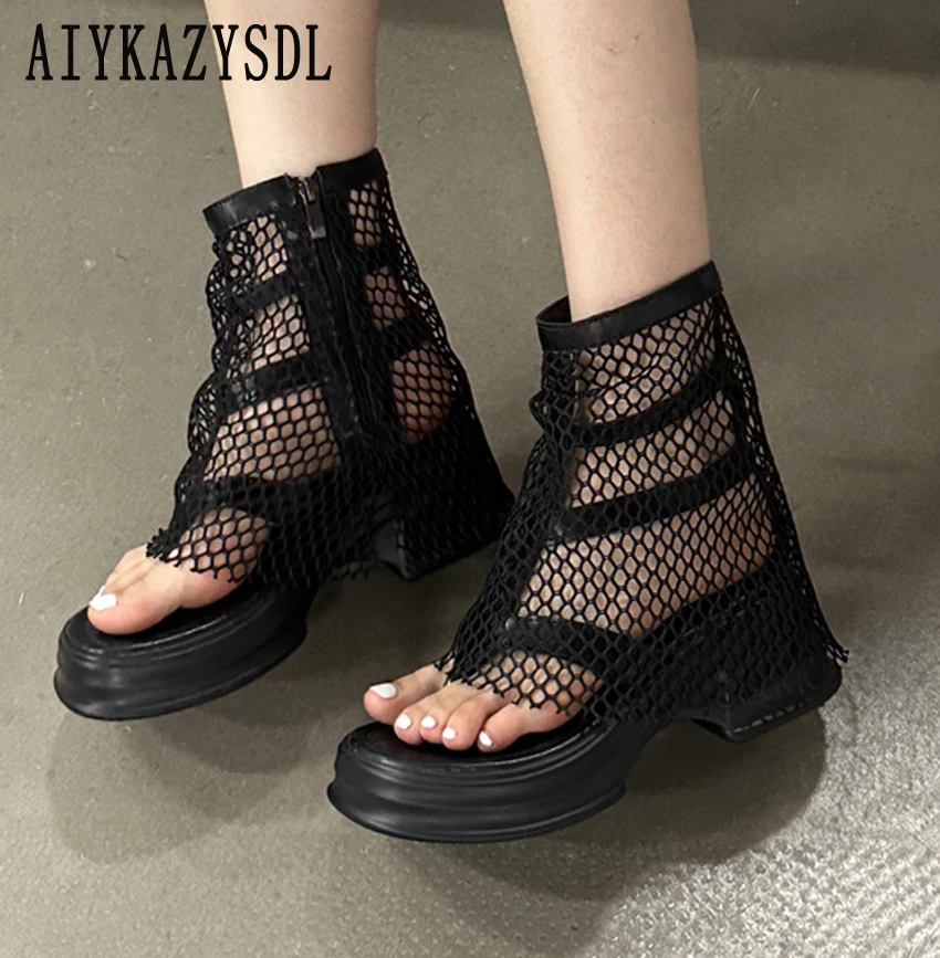 2024 Autumn Summer Cut Out Boots Mesh Net Gladiator Rome Sandals Platform Thick Block Wedge Heel Thong Shoes Bootie Women