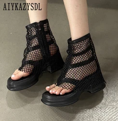 2024 Autumn Summer Cut Out Boots Mesh Net Gladiator Rome Sandals Platform Thick Block Wedge Heel Thong Shoes Bootie Women