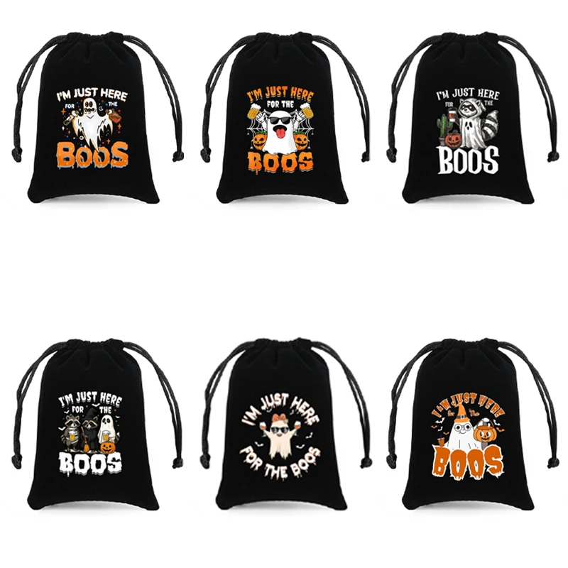 

5pcs I'm Just Here for The Boos Black Flannel Drawstring Bag Halloween Cute Ghost Gift Party Decoration Supplies Trick or Treat