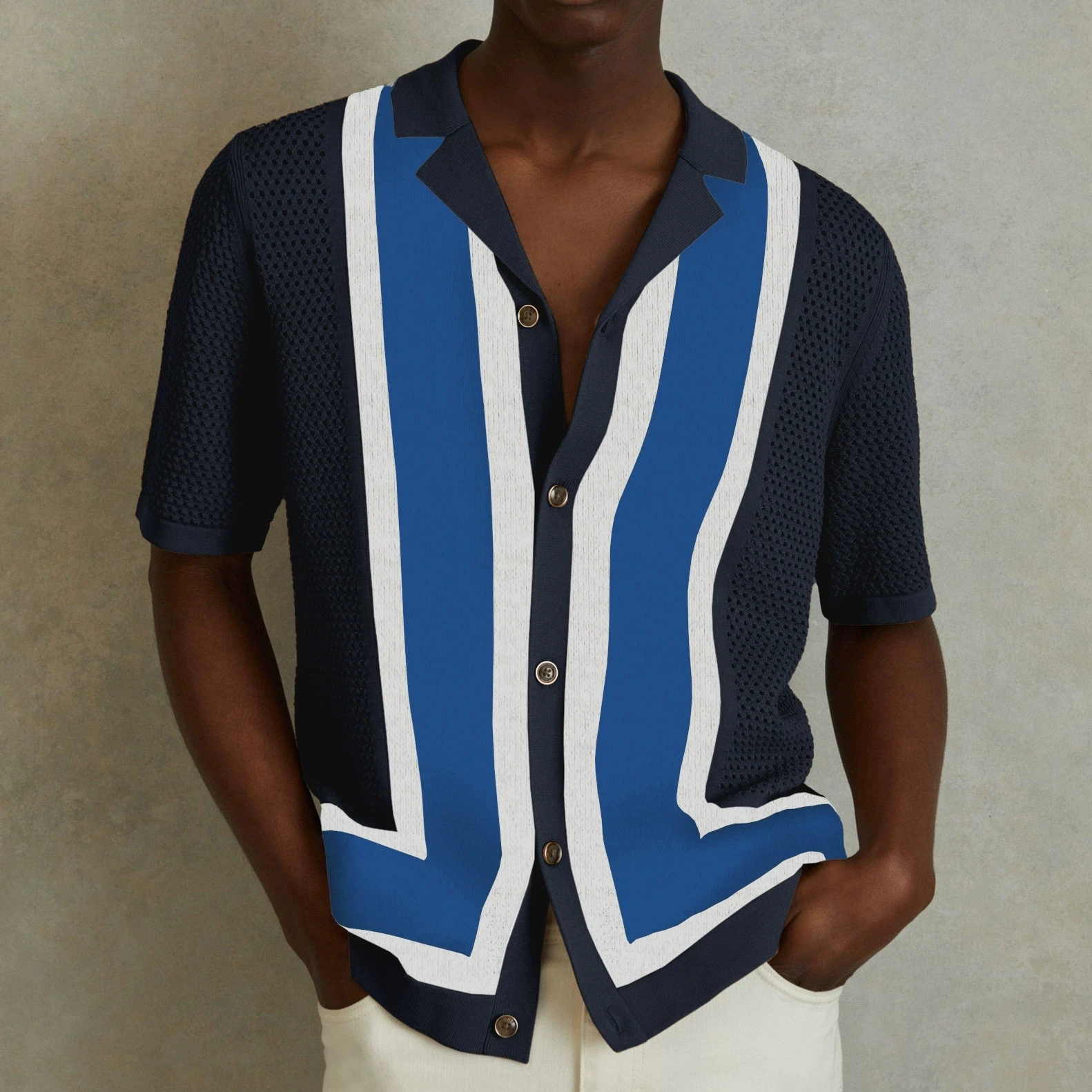 

Men's summer new luxury fashion striped contrasting knit sweater with a lapel and short sleeved hollow out polo shirt