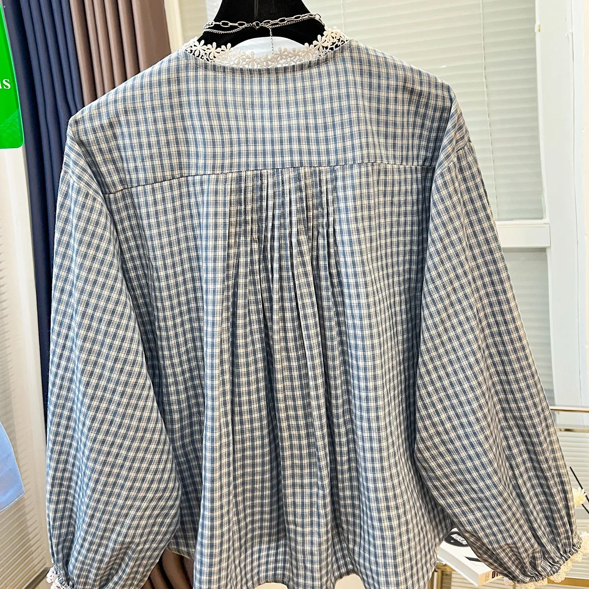 

Blue Plaid Lantern Sve irt Spring New Women's Lace Trim Collar ort irt Cotton Blend Long Sve Cheered Pattern