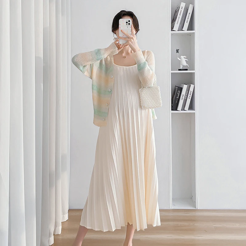 Spring Summer Maternity Dress Suits Block Color Knitted Striped Shirts+Strap Dress Twinset Long Loose Pregnant Woman Clothes Set