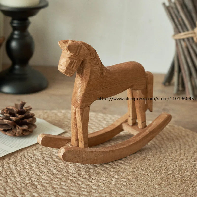 Nordic-Style Rocking Horse Wooden Horse Desktop Ornament Home Decor Pine Rocking Horse Craft Horse-to-Success Figurine