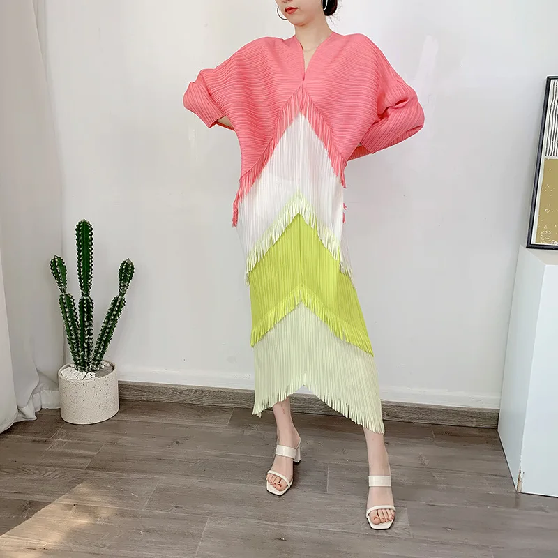 

YUDX Miyake Pleated Matching Tassel Dress High-end Fashion Temperament Slimming Age Reduction Dresses for Woman 2023 SummerPlus