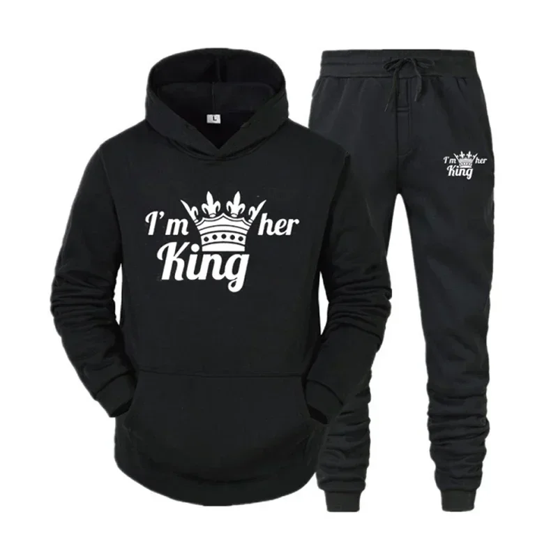 Couple Tracksuit King Queen Print Casual Hoodie Set Sweatshirt Sportswear Hooded Pullover Suits Lover Hoodie and Pants 2 Pieces