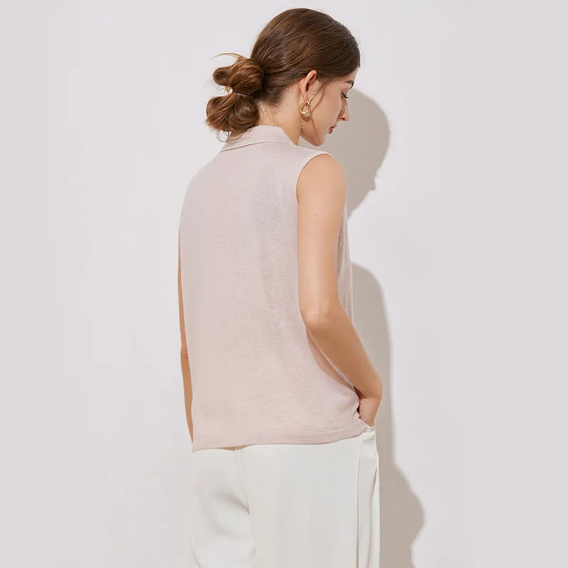 Top estivo casual in maglia senza maniche con colletto con risvolto e bottoni sul davanti per abiti da donna in maglione casual da ufficio e quotidiano