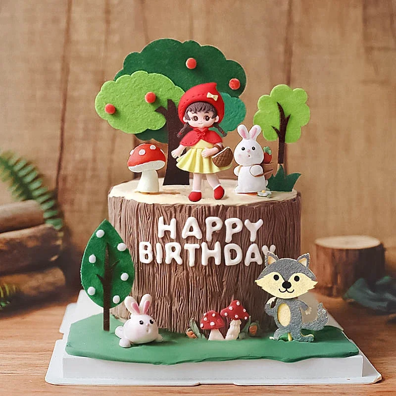 Baking Cake Decoration Kids Girl Wolf Mushroom House Fruit Tree Bunny Happy Birthday Cake Topper Doll Insert Card Accessories