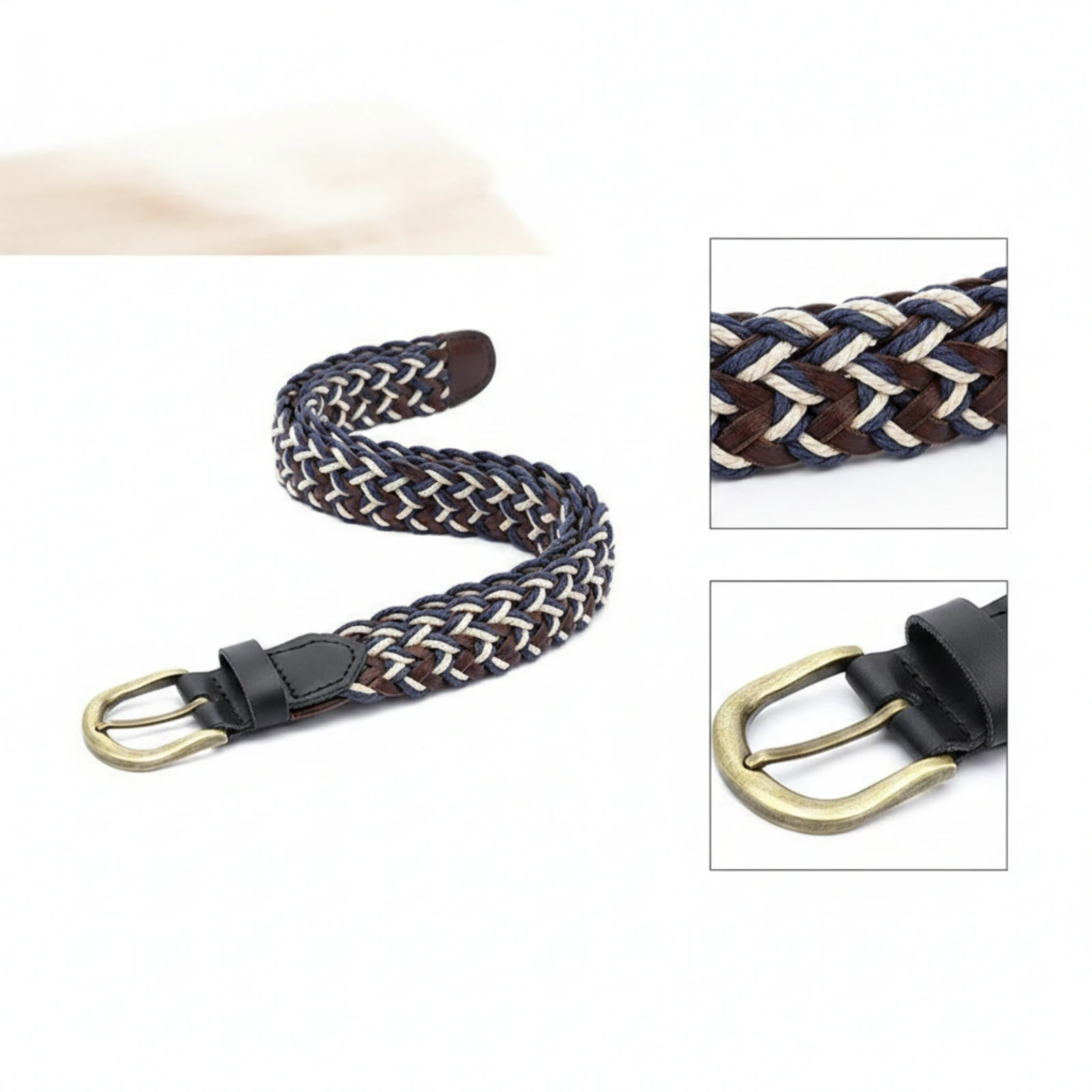 Coated-Cord Belt Non-Elastic Belt with Metal Buckle Braided Woven for Men, Daily Wear, Jeans