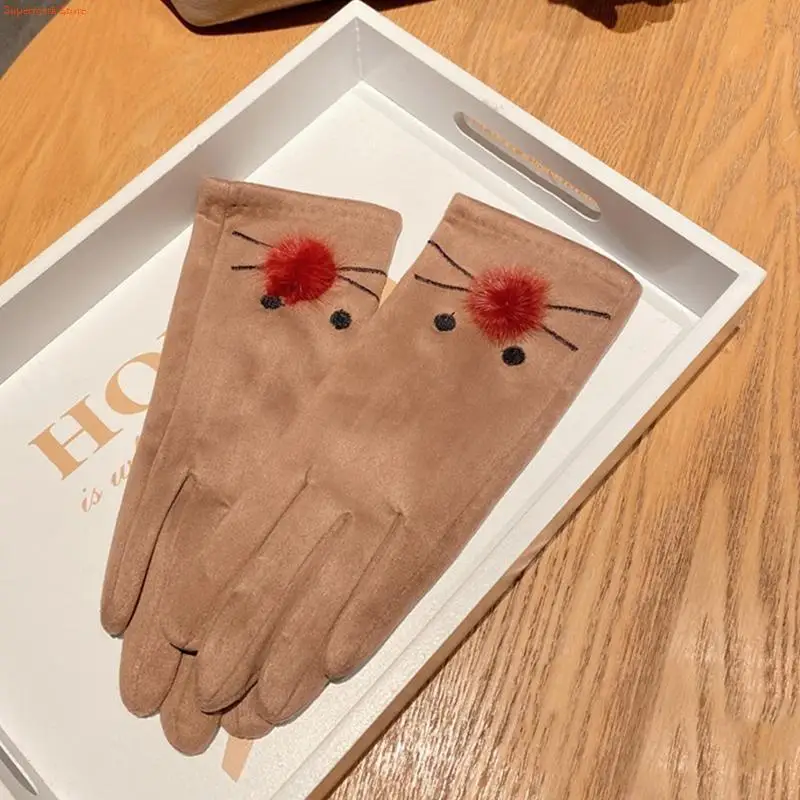 Q5WE Women Full Finger Gloves Touchscreen Gloves Winter Embroidered for Cat Gloves