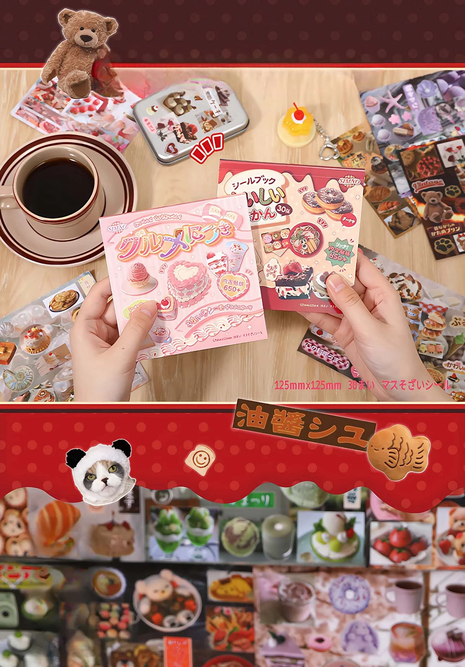 30P Die-Cut Sticker Book - Japanese Food & Dessert Vintage Showa Style - Glitter Matte Glossy Finish - 650+ Cute Elements