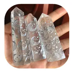 Natural Clear Quartz Tower Carved Rune Moon Star Spiritual Crystals Healing Wands Point 1pcs