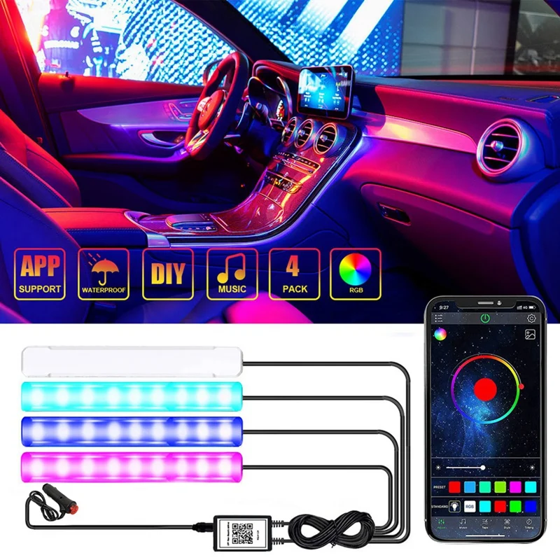 Car LED Lights Interior Smart With App Control, RGB Car Lights With Music And DIY Mode, 2 Lines Design With Car Charger