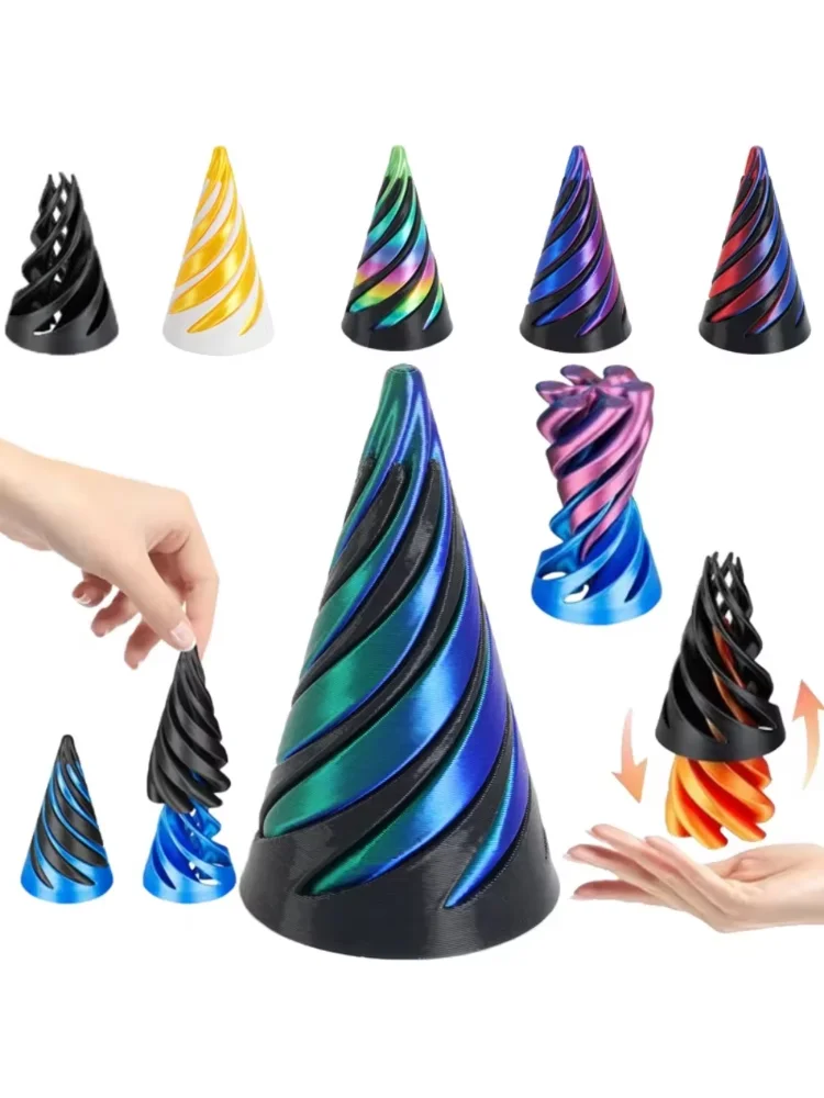 1pc Printed Helix Screw Rotating Toys Stress Reducing Tool Pyramid Passthrough Sculpture Spiral Cone Ornaments Home Decoration