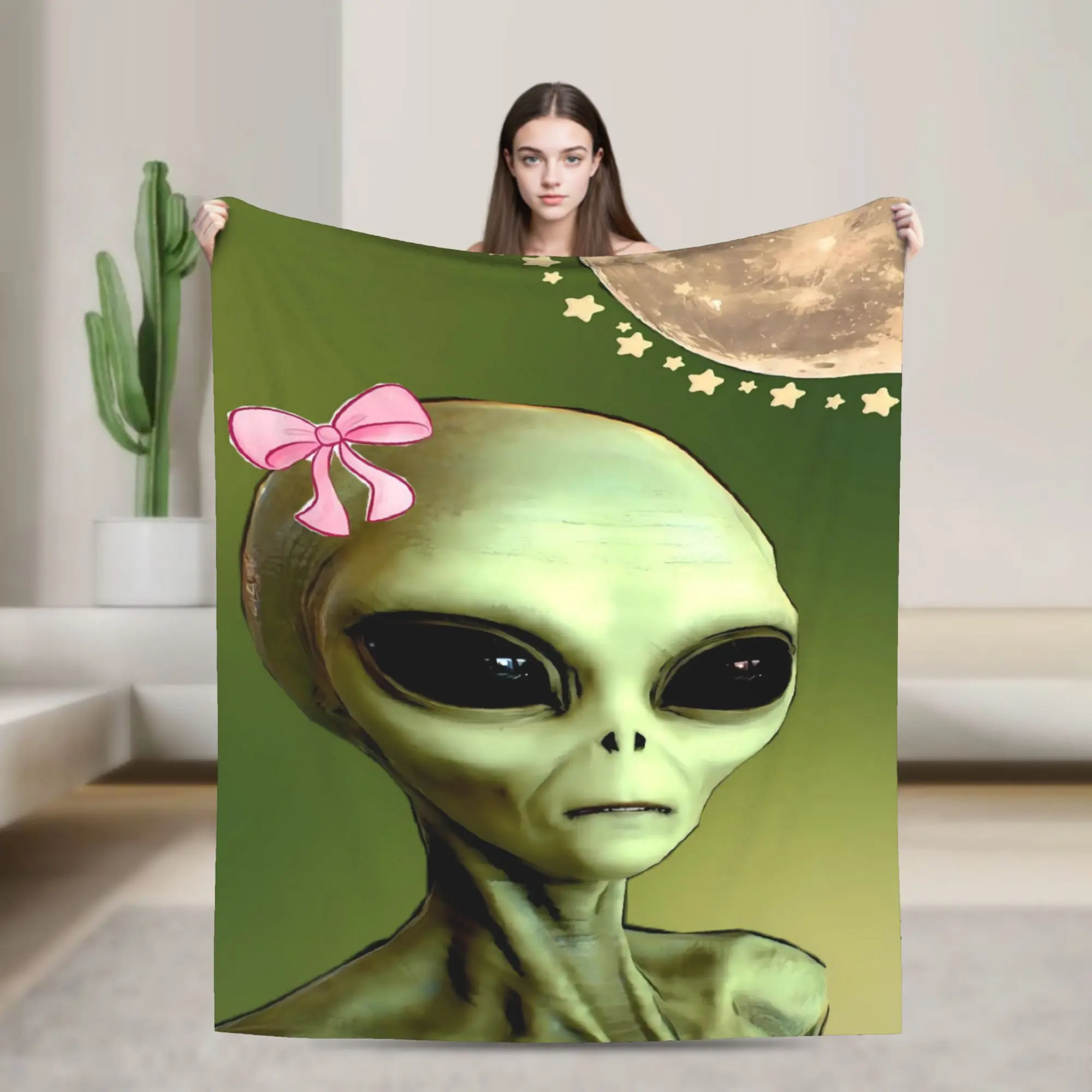 Pale Green Alien Portrait Pink Bow Moon And Star Warm Blanket  Decorative Plush Throw Blanket Chair Flannel Bedspread Sofa Cover
