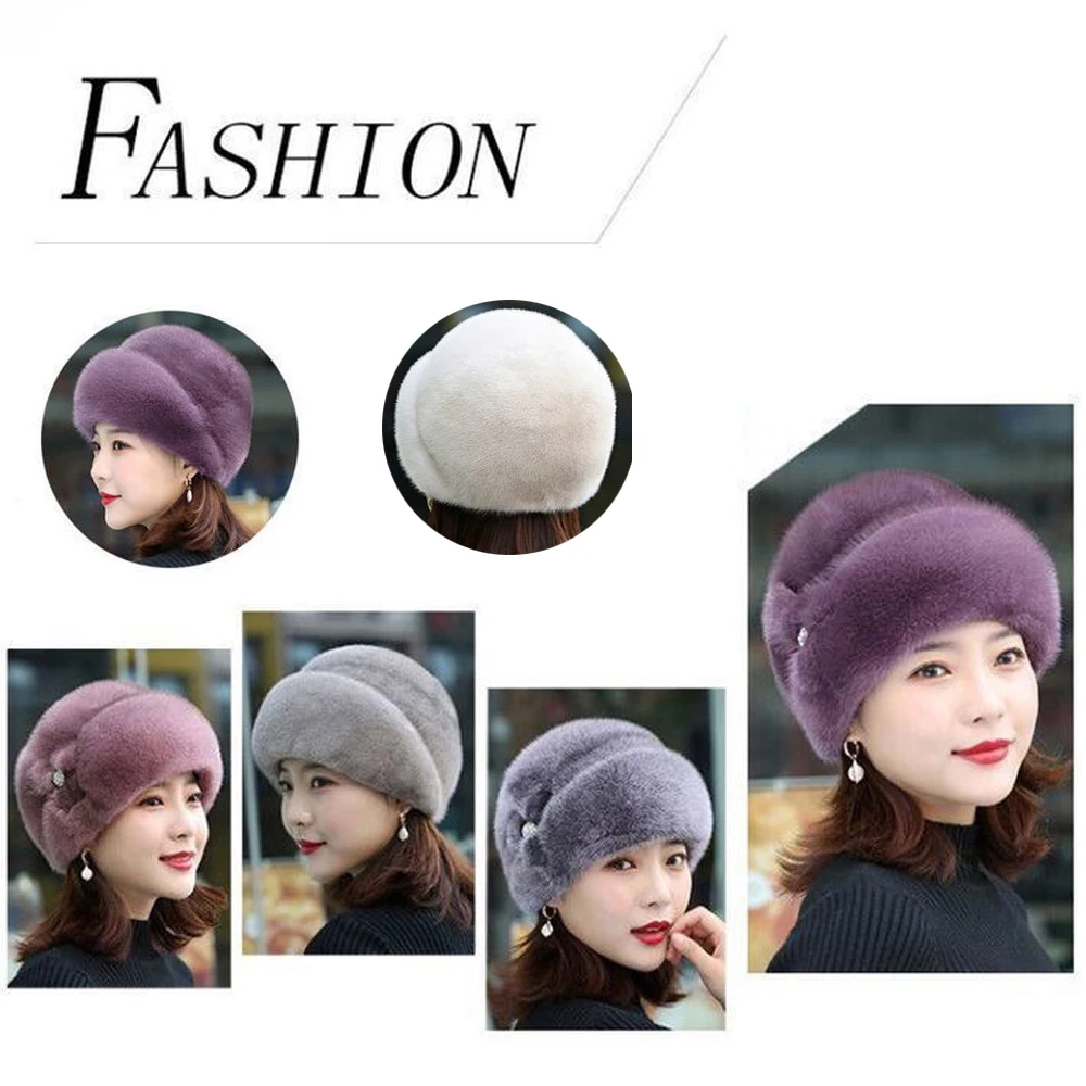 Chapeau de vison moelleux russe pour femme d'âge moyen, casquette thermique, décor épais, garde au chaud, monochrome, luxe, extérieur, automne, hiver