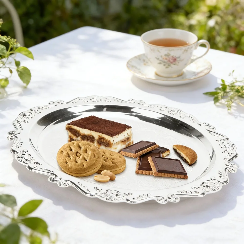 Solid Metal Mini Tray Retro Embossed Carved Polished Decorative Platter Scalloped Raised Anti-drop Serving Dish