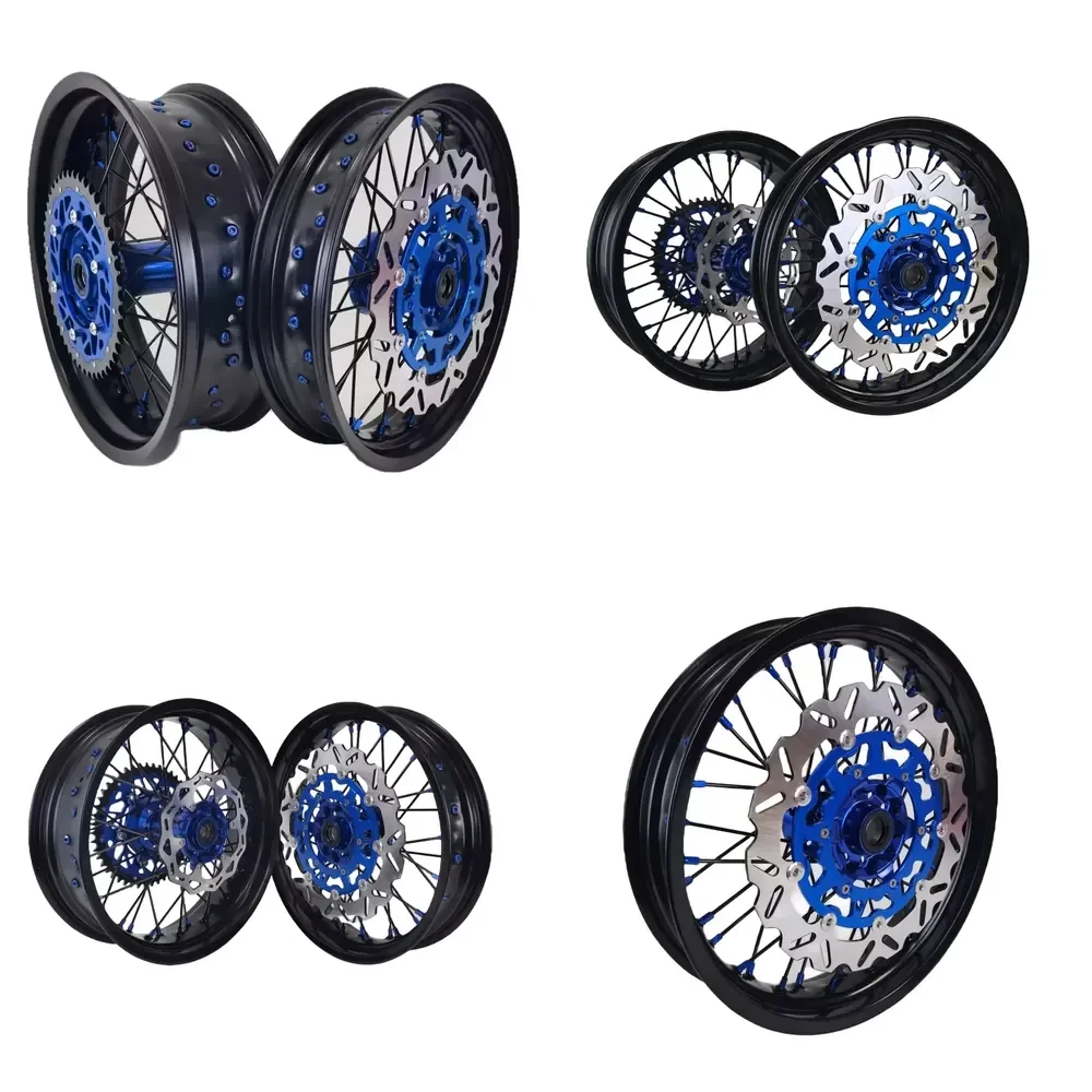 【2026 New Design】 17inch Motorcycle Supermoto Wheels Set Compatible With TE TC FE FC 350 450 2014-2024 Blue Hub Black Rim