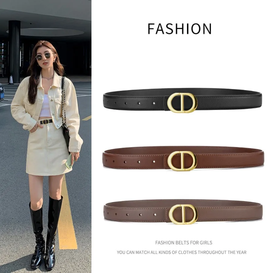 

【New style】Women's leather belt, women's cow leather, multi-match smooth buckle, thin waistband, simple letter suit, dress, hig