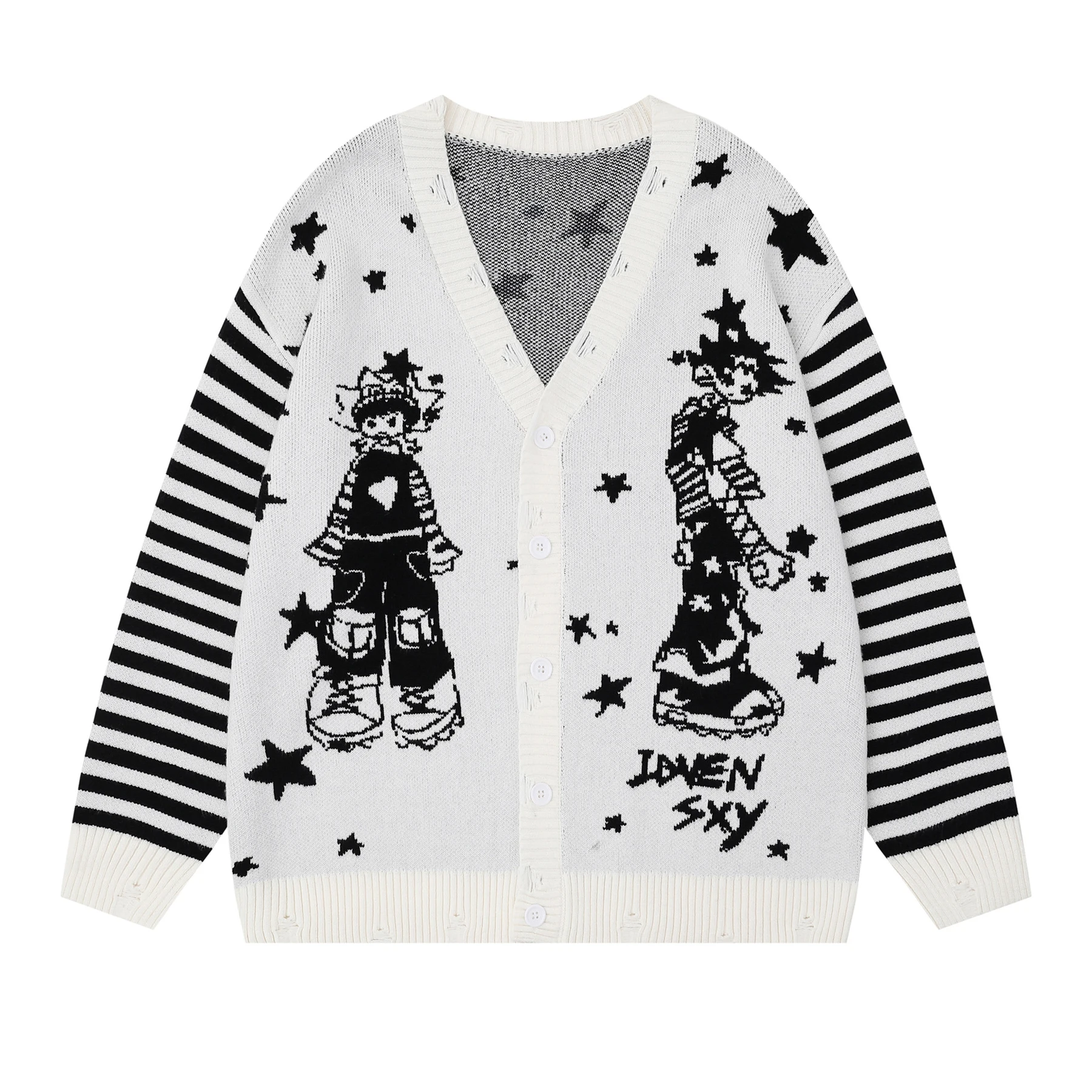 

2025 Autumn Winter Harajuku Retro Anime Cartoon Jacquard V Neck Sweater Cardigan Casual Men's and Women's Knitted Jacket Coat