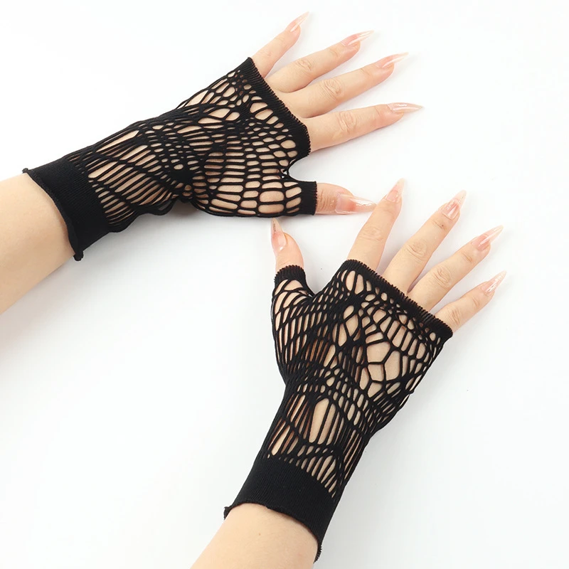 

Black Sexy Mesh Fingerless Gloves Halloween Elastic Thin Hollow Out Short Hand Sleeves Performance Nightclub DJ Gloves