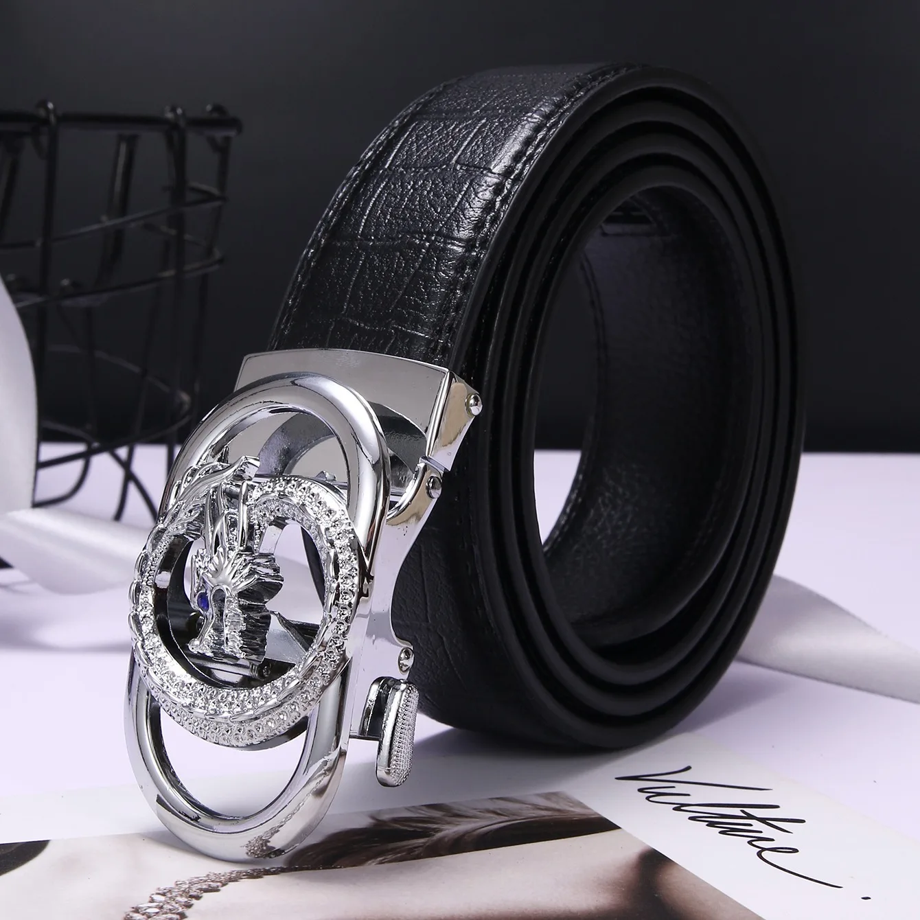 Luxury Men's Dragon Charm Belt, Bling Diamond-Embellished Pu Leather Automatic Buckle Waistband, Stylish Formal/Casual Accessory
