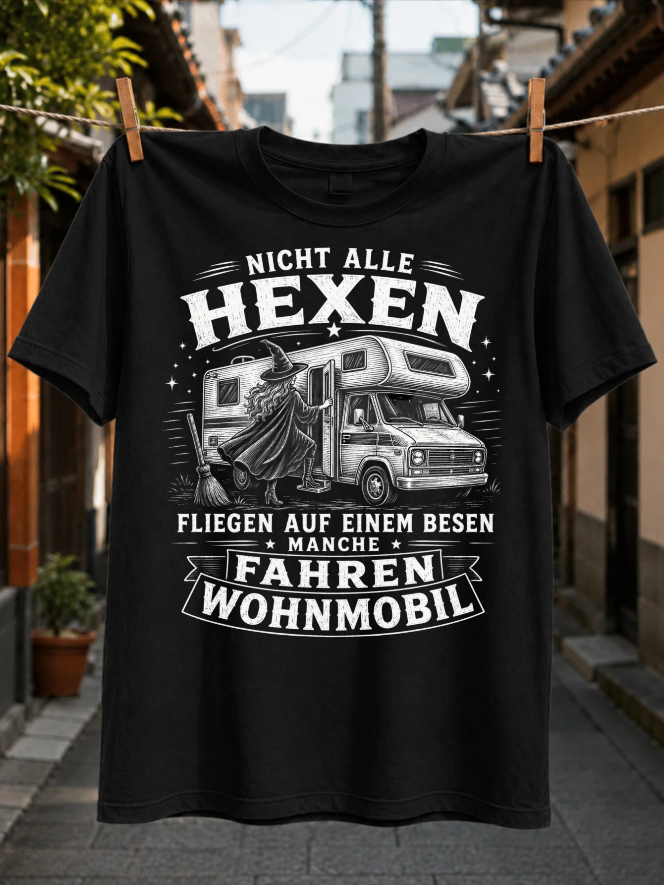 with Nicht alle Hexen fliegen auf einem Besen manche fahren Wohnmobil text witch opening an RV door  Unisex All T-Shirt