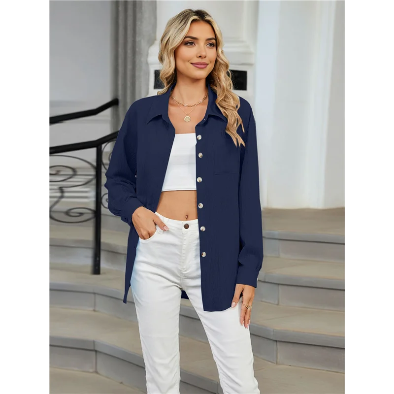 สตรีปุ่มลงเสื้อแขนยาว Textured Collared Work เสื้อ Dressy เสื้อลําลองพร้อมกระเป๋า