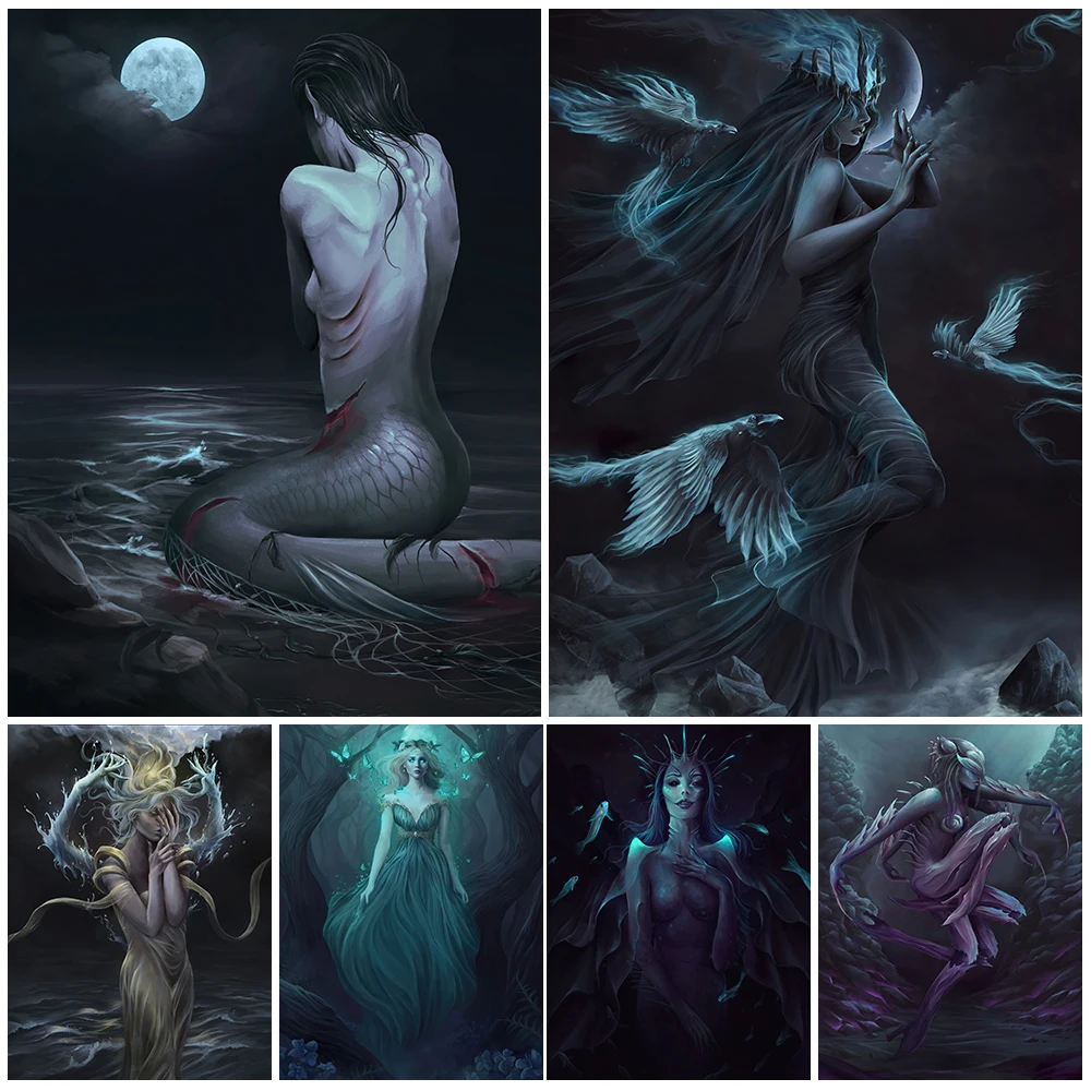 

Deep sea Mermaid Wall Art Cavnas Painting Pixie Fairy Banshee Magic Art Poster And Prints Mysterious Witchcraft Decor