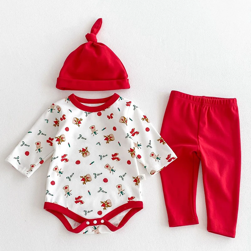 2024 Christmas Infant Baby Boys Girls Jumpsuit+Hat Cartoon Print Newborn Baby Boys Girls Bodysuits New Year Clothing Suit