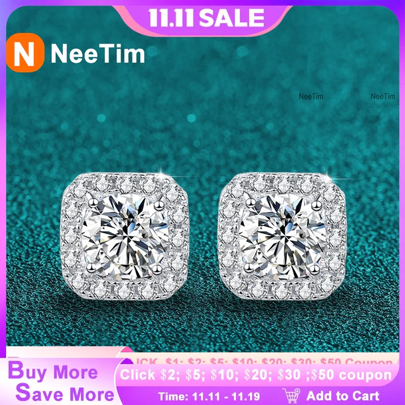 

Neetim Real 0.5-1 Carat D Color Moissanite Stud Earrings For Women 100% 925 Sterling Silver Sparkling Earring Wedding Jewelry