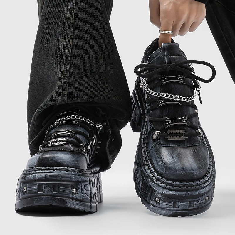 Men's Black Gothic Platform Shoes Lace-Up Chunky Sole Punk Metal Chain Rivets Leather Casual Sneakers Heavy Duty Streetwear 2026