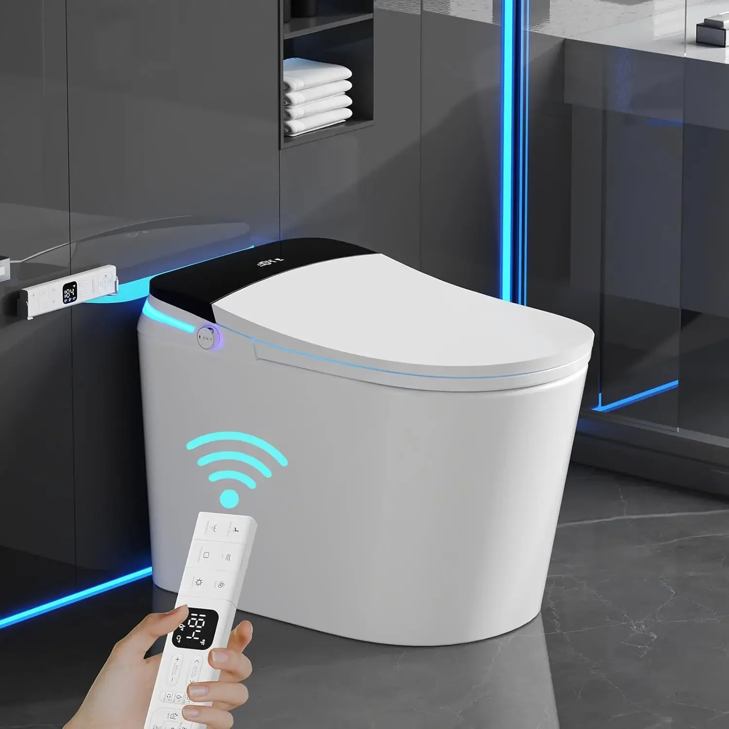 

Smart Toilet with Bidet Built in, 360° Siphon Auto Flush & Automatic Lid, One Piece Toilet for Bathrooms with LED, Customized
