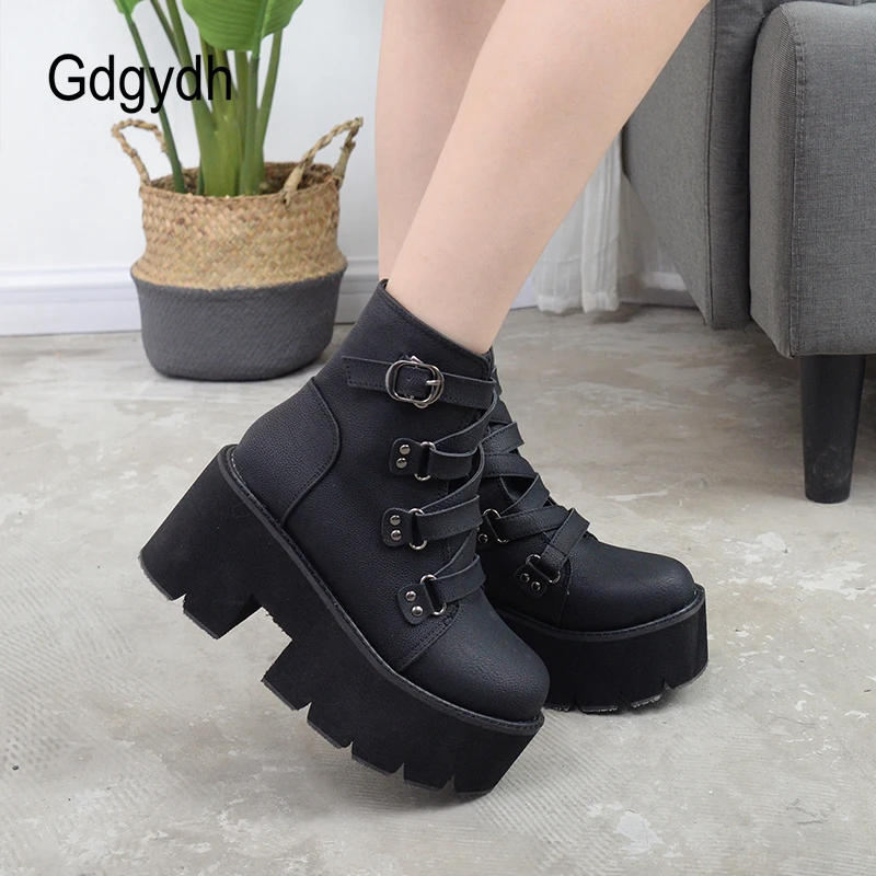 Gdgydh Spring Platform Boots Woman Chunky Heel Punk Gothic Boots Lace Black Brown Ankle Boots Women Comfortable Leather