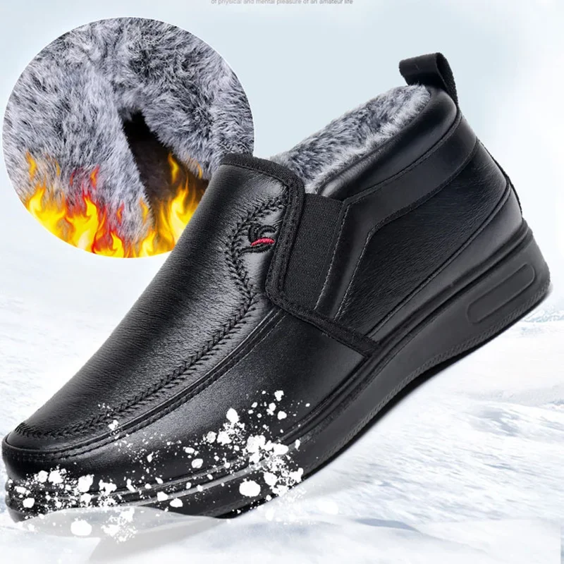 Zapatos de algodón para hombre de invierno, impermeables, antideslizantes, de felpa, cálidos, informales, para personas mayores de mediana edad, cómodas botas de nieve de suela plana