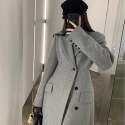 [Spot] Hepburn style autumn and winter women's coat 50 wool single-sided hourglass coat closed waist and thin