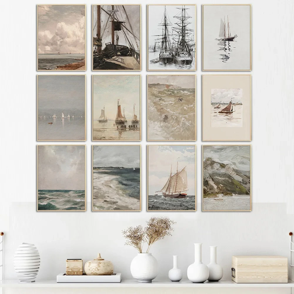 

Vintage Sailboat Print Lake House Decor, Muted, Neutral, Coastal Abstract Paintwork, Digital Print, Nursery Sketch, Wall Art