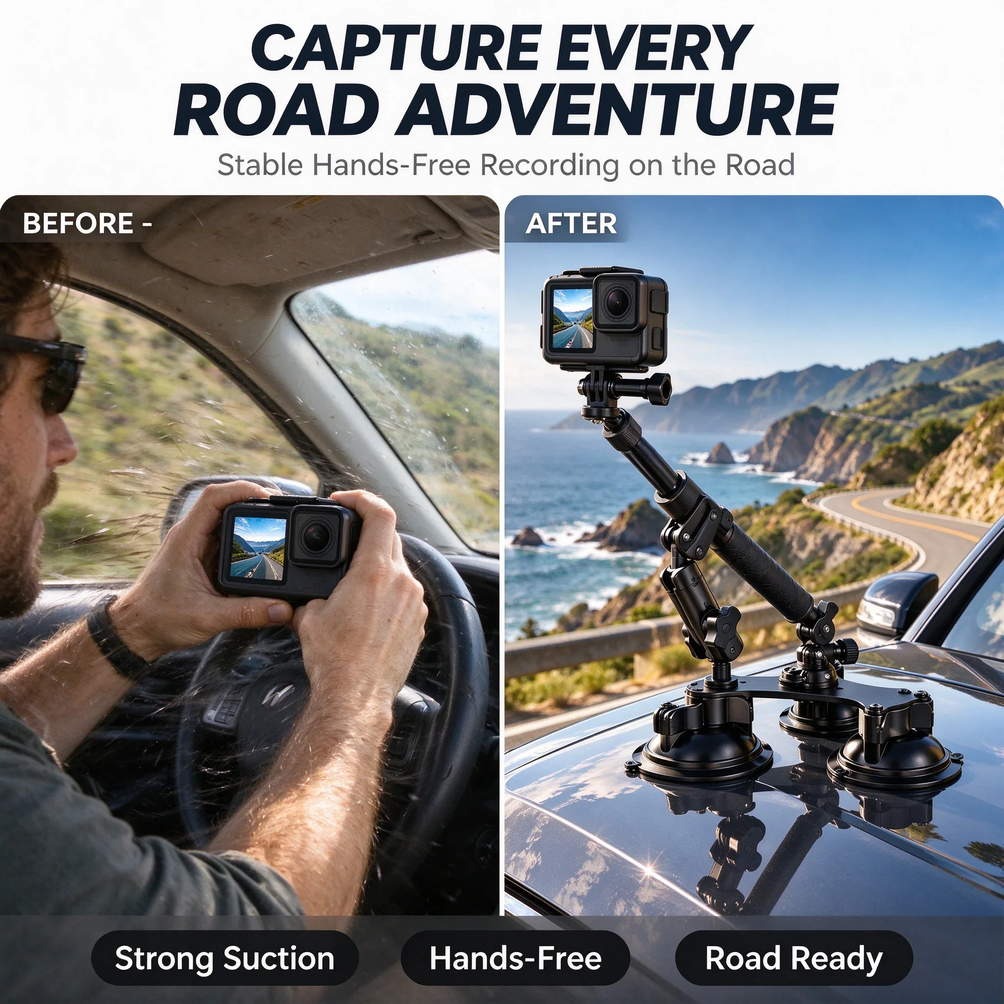 Triple Suction Cup Car Camera Mount 5 in 1 Telescopic Selfie Stick 360° Bracket for GoPro Mount Kit 45inch Action Cam Vlog