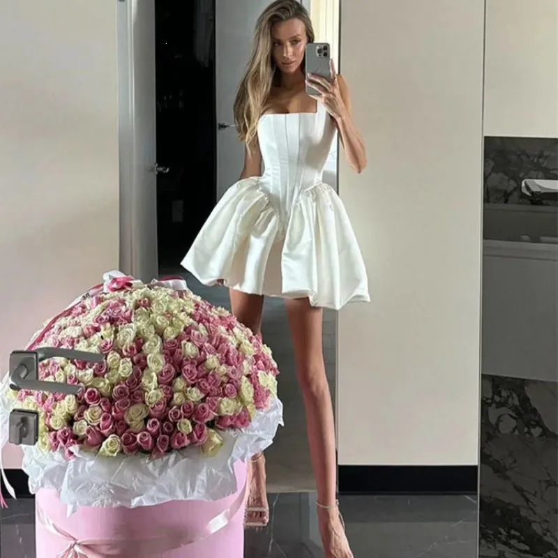 White Square Neck Satin Mini Wedding Dress Short Puffy Bridal Gown Corset Homecoming Dress Women Cocktail Party Formal Dress