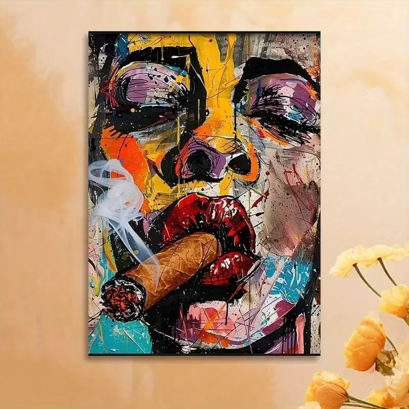 1pc Pop Art Cubism Woman Face Painting - Black White Red Yellow Blue Green Pink Brown Abstract Portrait Canvas Print, Frameless