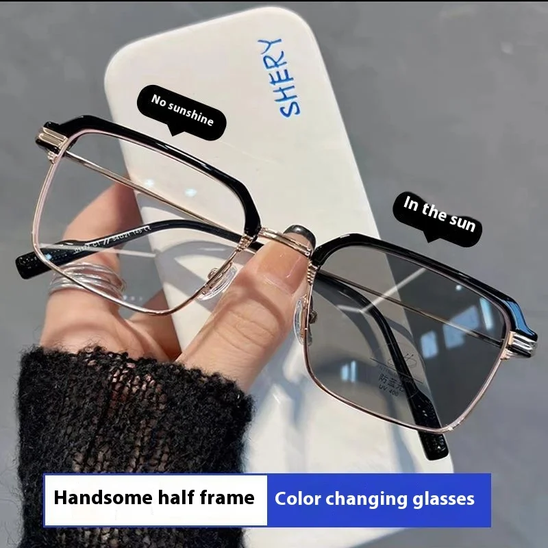 -0.5-1.5 -4.0 -4.5 MenOversized Black Sliver Nearsighted Photochromic Gray Tea Myopia Diopter Sun Glasses Prescription Lens