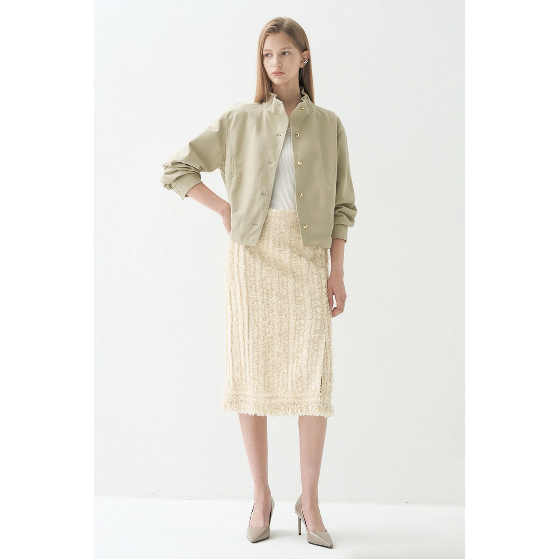 Slimming Effect Lemon Cheese Casual Stand Collar Pleated Loose Style Jacket Short Outerwear Women's Cotton Long Sleeve Button...