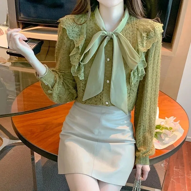 Autumn Winter New Female Scarf Collar Lace Shirt Solid Color Women\'s Clothing Fashion Casual Long Sleeve Ruffles Spliced Blouse