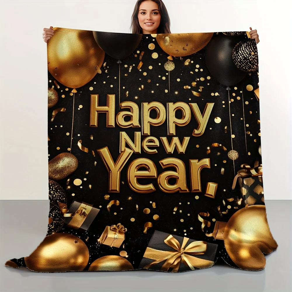 Golden New Year Throw, Black Base Champagne Design, Plush Flannel for Celebrations, Luxury Festive Accent Piece