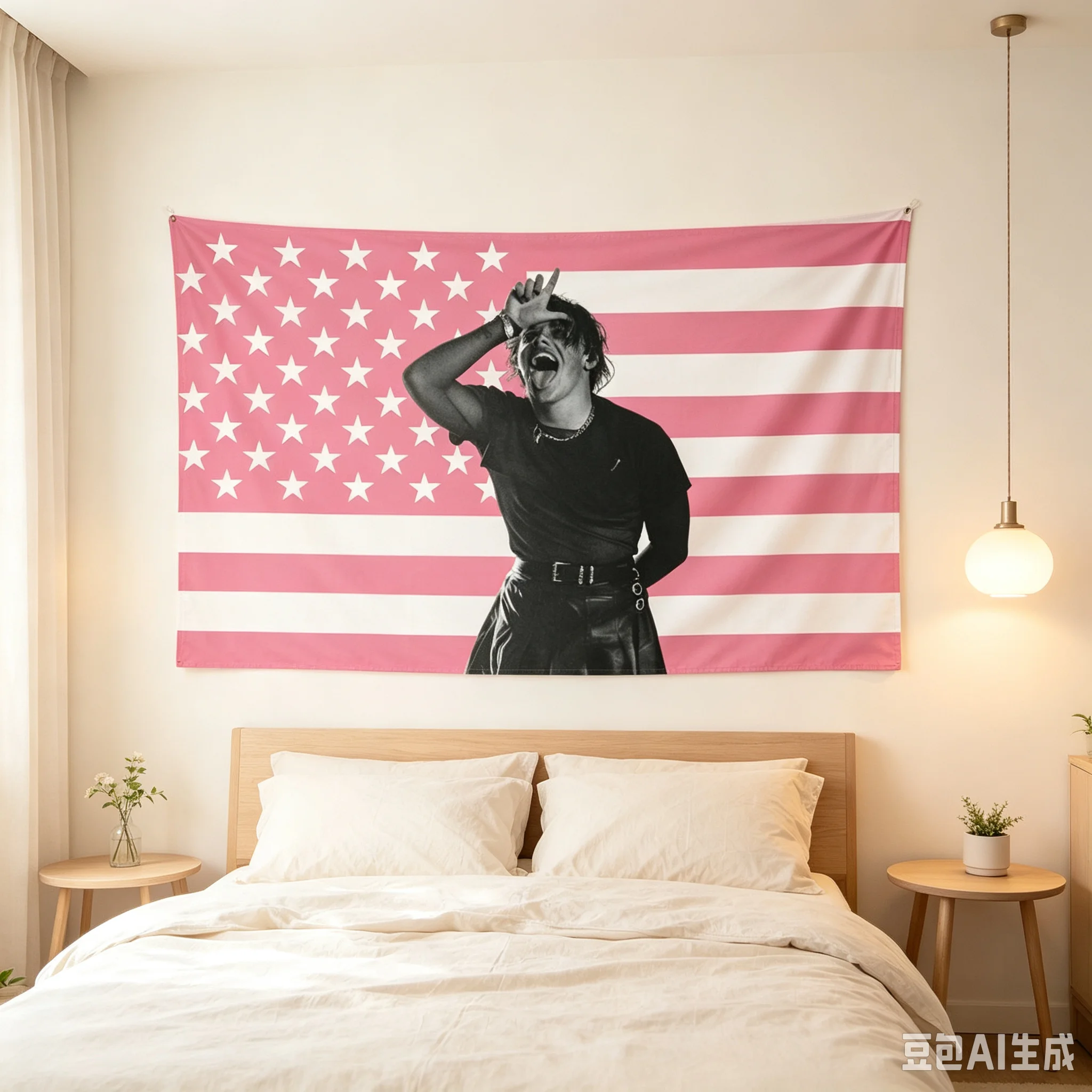 1pc Pink American Flag Tapestry, Punk Singer Portrait Pink USA Star Stripes Wall Hanging, Multiple Sizes, Polyester 2D Print, Be