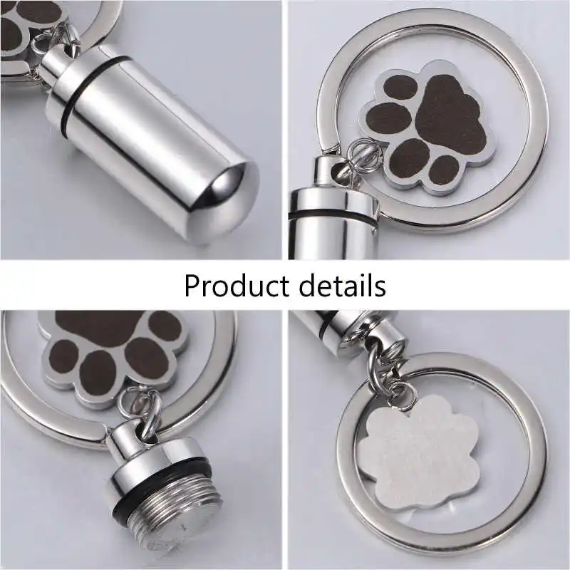 Pet Keychain Cylinder Key chain with Dog Paw Print Memorial Urn Necklace for Ashes Stainless Steel Cremation Jewelry