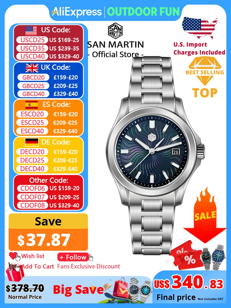 

San Martin Official 39mm Guilloche MOP Dial Gada Watch Miyota 9015 Luxury Men's Automatic Mechanical Watches 10 ATM reloj SN0150