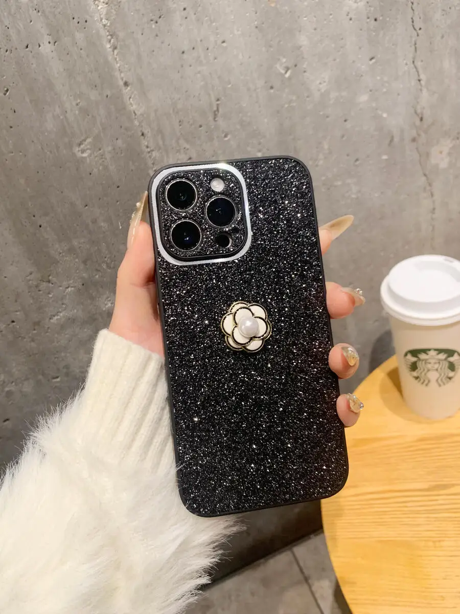 

High Quality Luxury Phone Case For iPhone 16 14 13 12 11 15 Pro Max Plus + 3D Camellia Glitter Cover For iPhone 15 16 Pro Max