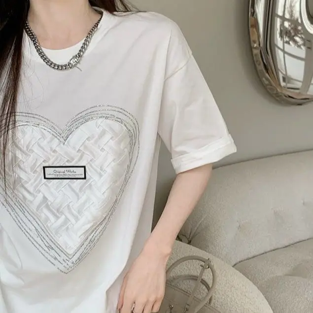 Pure Cotton Love Woven Summer Fashion Stitching Loose Short-Sleeved T-Shirt Women