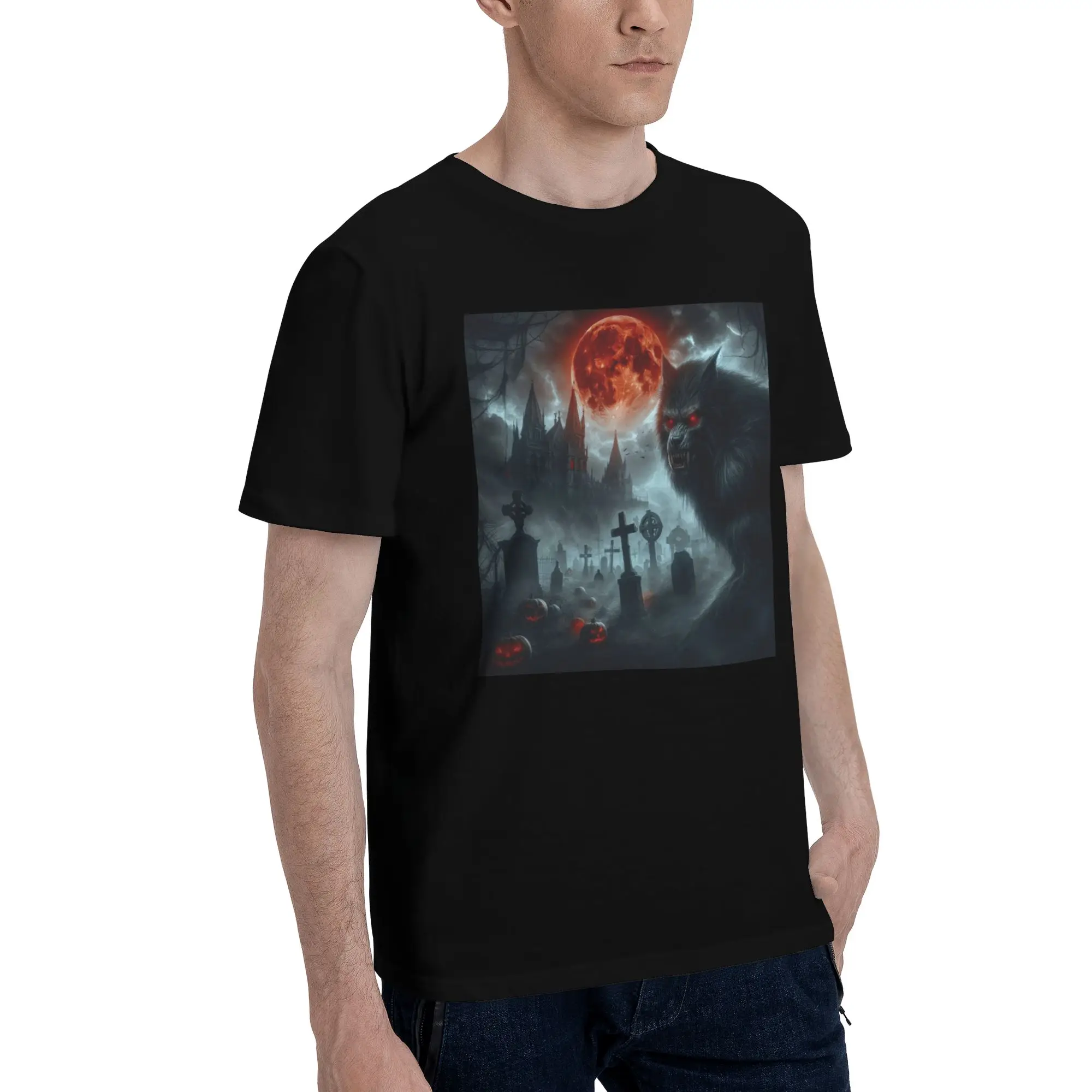 

werewolf with red eyes and red moon Halloween Pumpkin Men T-Shirt Oversized T Shirts Men's Round Neck Cotton Tees Short Male