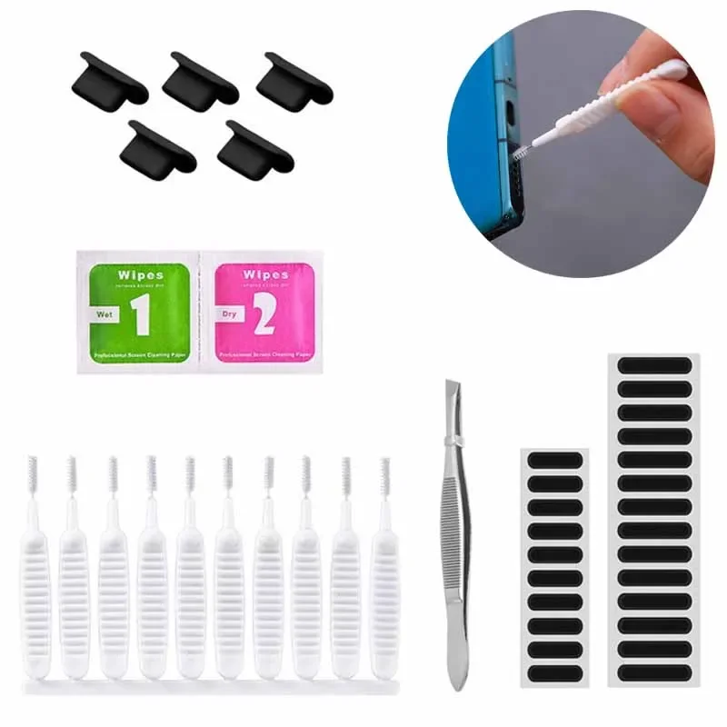 10/20/37Pcs Dust Removal Cleaner Kit Universal Phone Dustproof Cleaning Brush Dust Mesh Sticker Phone Charging Port Dust Plug